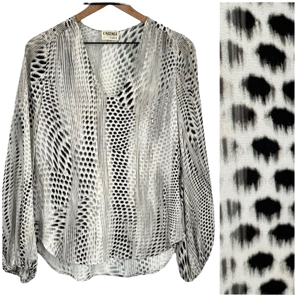 L’Agence x Intermix Blouse Long Sleeve Silky V-Neck Mixed Print Black Ivory | 0 - Picture 1 of 10